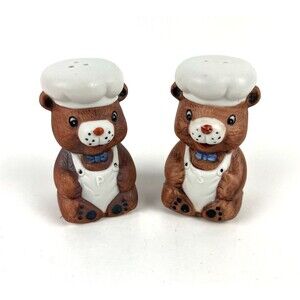 VTG BEAR CHEF Salt & Pepper Shaker Set hand painted Teddy bear figurines 3in